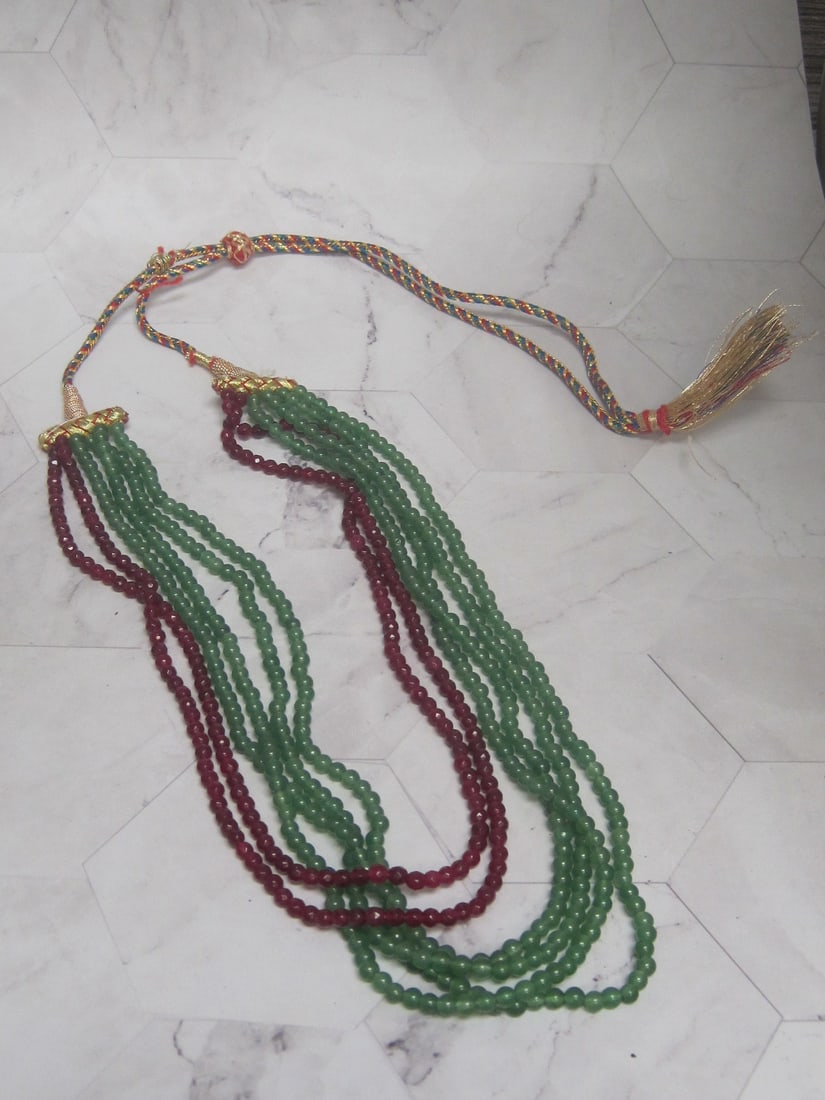 Emerald and Ruby Bead Mult-Strand Necklace with Tassel: .