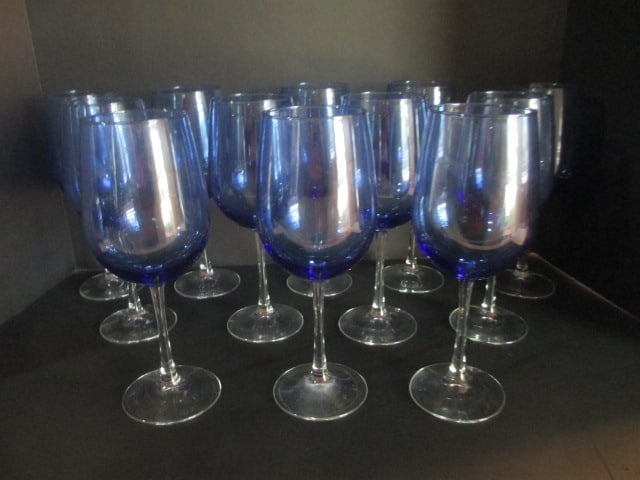 12 Blue Crystal Wine Glasses with Clear Stems: 9 1/4"h