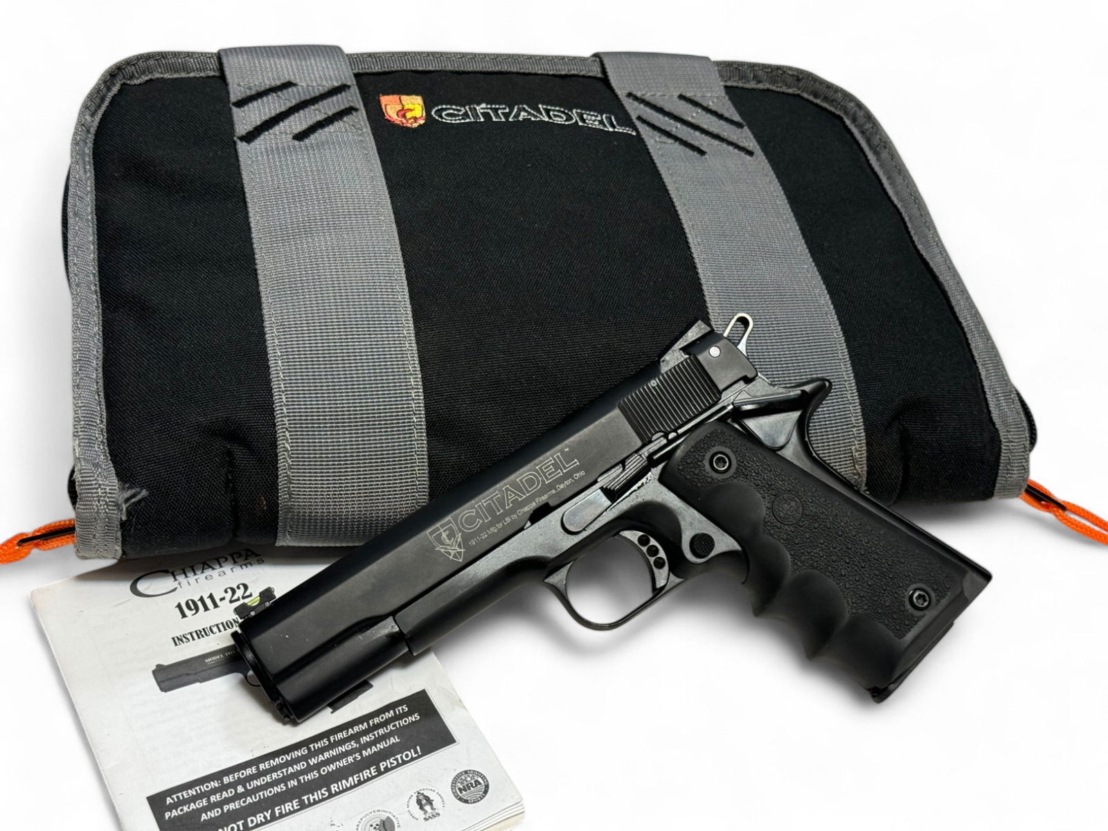 LNIB Citadel / Chiappa 1911-22 Semi-Automatic .22 LR Pistol in Case: S#: 12C63874 | 5” Barrel, Fiber optic sights | Comes in soft case with manual, (3) Magazines, Cleaning Rod |||| CONDITION: Excellent, like new. 100% factory finish with just some minor slide wea