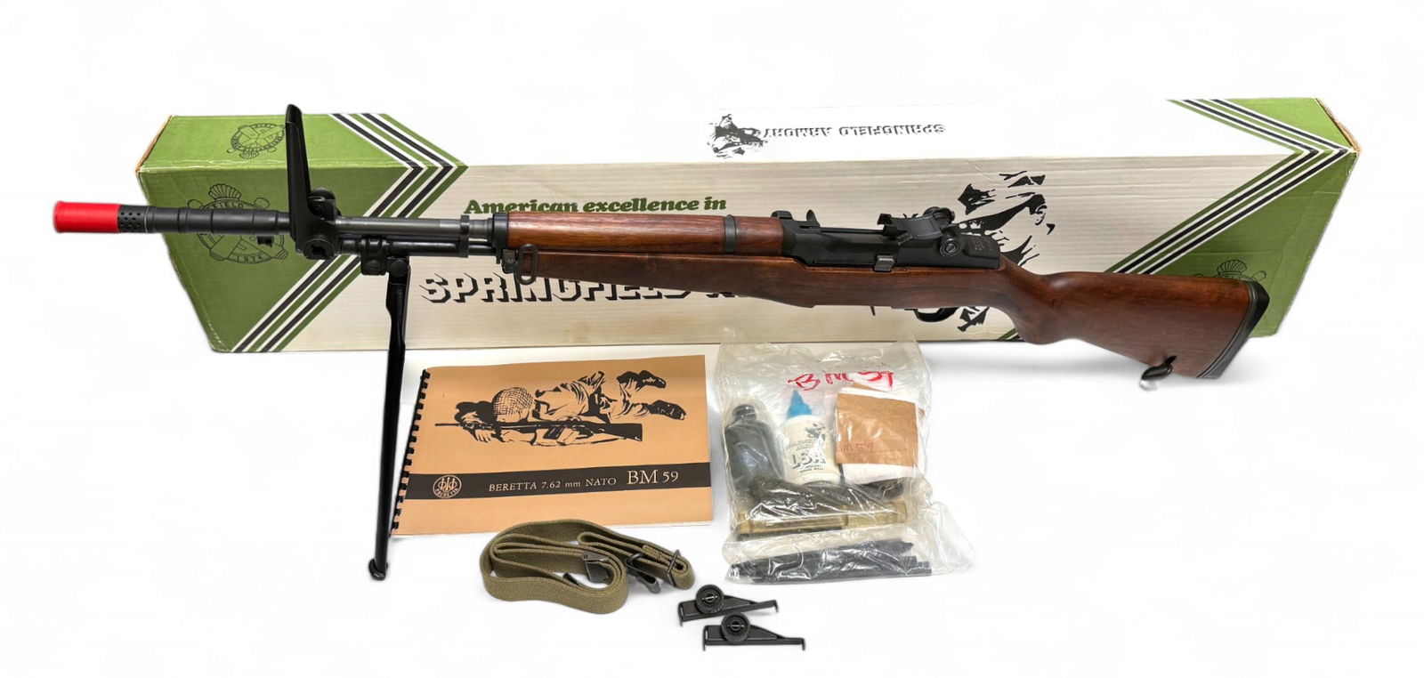 NIB Rare Early Preban Springfield Armory / Italian Beretta BM 59 Semi-Auto 7.62x51mm Rifle w/ 4 Mags: S#: 0001244 | Comes in Factory box with matching label and serial number and all the original accessories still sealed in plastic bag. Comes with (4) Magazines. Comes with large manual. Comes with a s