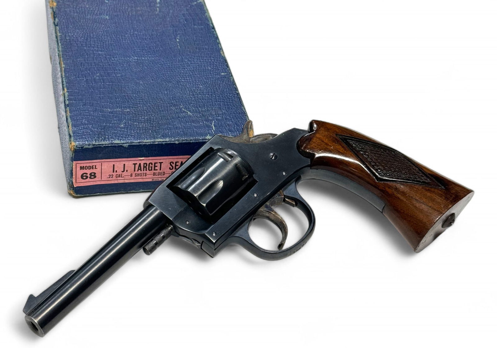 NIB 1950s Iver Johnson Model 68 I.J. Target Sealed 8 .22 LR Revolver: S#: N33478 Mfg. Early 1950s | 4” Barrel | 8-Shot | Checkered Walnut Grip | Comes in factory box with correct label and matching serial number on bottom |||| CONDITION: New in box with very littl