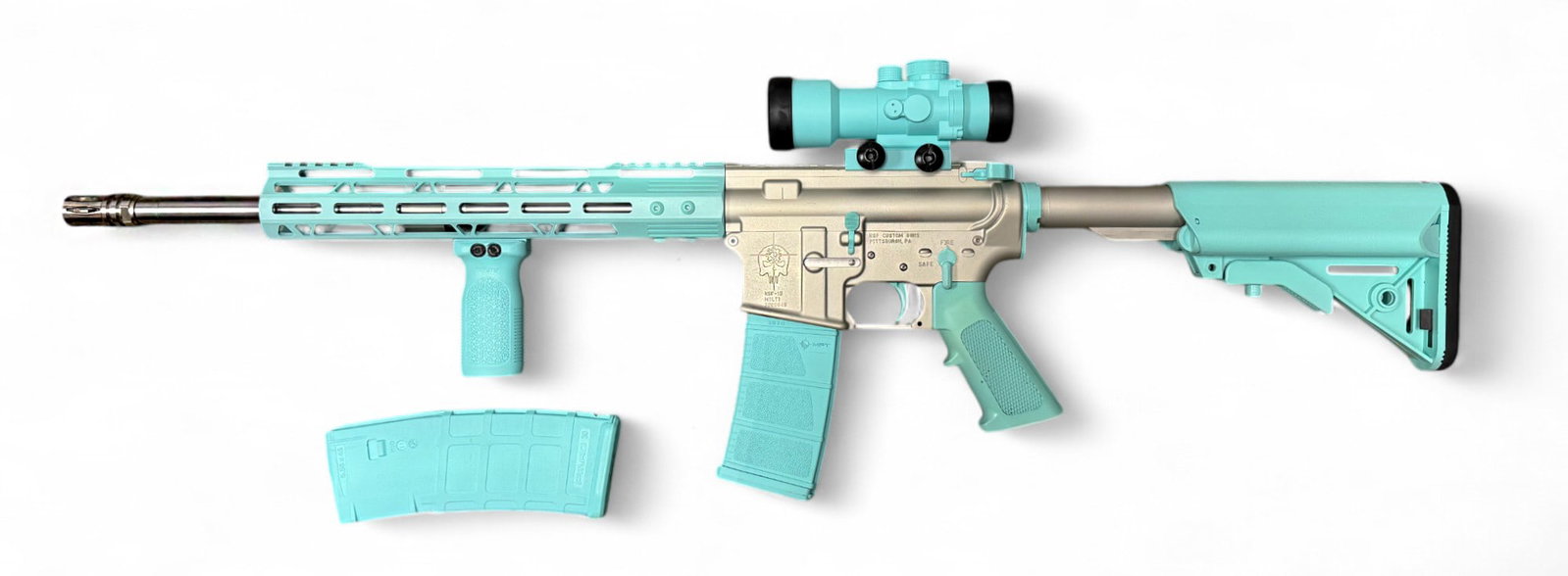 Excellent NSF Custom Guns Robins Egg Blue and Stainless .223 WYLDE Semi-Automatic Rifle w/ Optic: S#: S000045 | 16" Stainless 1:7'" Twist Stainless Steel Barrel with a FailZero nickel boron BCG | (2) 30-Round MFT Magazines cerakoted Robins Egg Blue | Equipped with Monstrum red/green illuminated ho