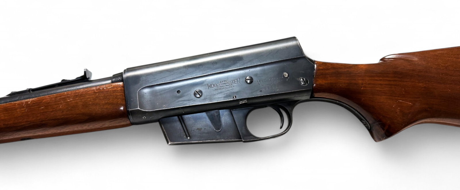Excellent 1950 Remington Woodsmaster Model 81 .300 SAVAGE Semi-Automatic Rifle: S#: 53794 | Mfg. February 1950 | 22” Barrel |||| CONDITION: Excellent. 95% original gloss blue finish. Markings are crisp and clear. There is some edge wear and some minor scratches. Wood stock 