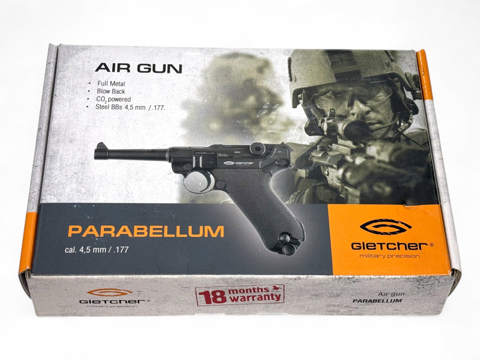 NIB Gletcher Parabellum (Luger P08) Model .177/4.5mm CO2 Blowback Air Gun: Full Metal. Comes new in box with manual.