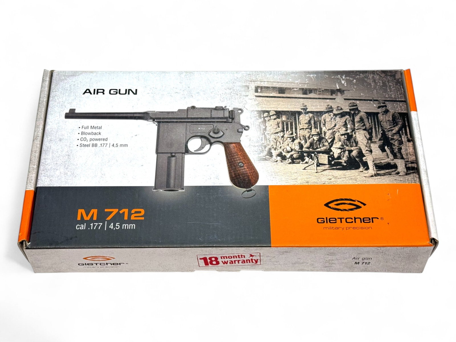 NIB Gletcher M712 (C96 Broomhandle) Model .177/4.5mm CO2 Blowback Air Gun: Full metal. Comes new in box with manual.