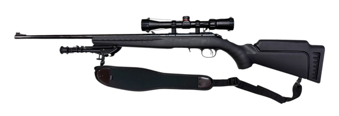 Excellent Ruger American Rimfire .22 LR Bolt Action Rifle with Scope, Bipod & Sling: S#: 833-84989 | 22“ Barrel with Fiber optic front sight | Equipped with a Simmons 3-9x32 22 MAG Scope | Comes with (1) Magazine, Nice padded sling, and Bipod |||| CONDITION: Excellent, like new.