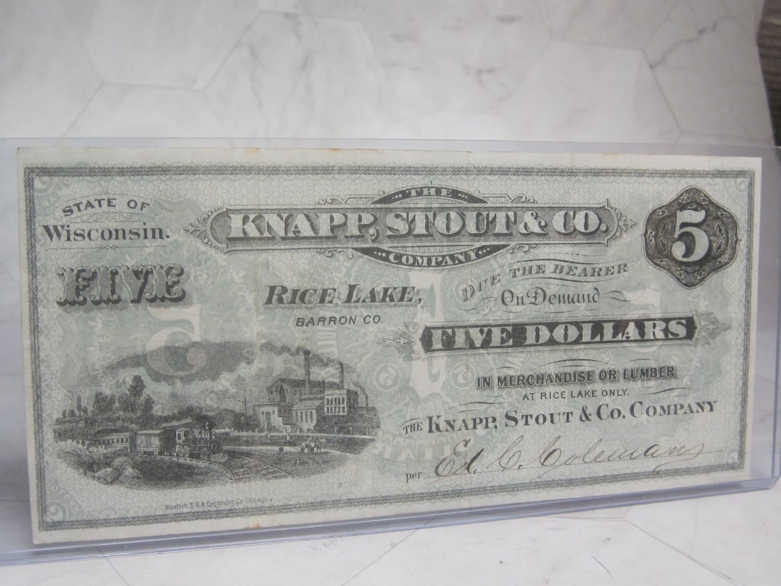 Scarce 1880's $5 Lumber Company Script Currency- Knapp Stutt Company, Rice Lake Wisconsin (1 of 4)