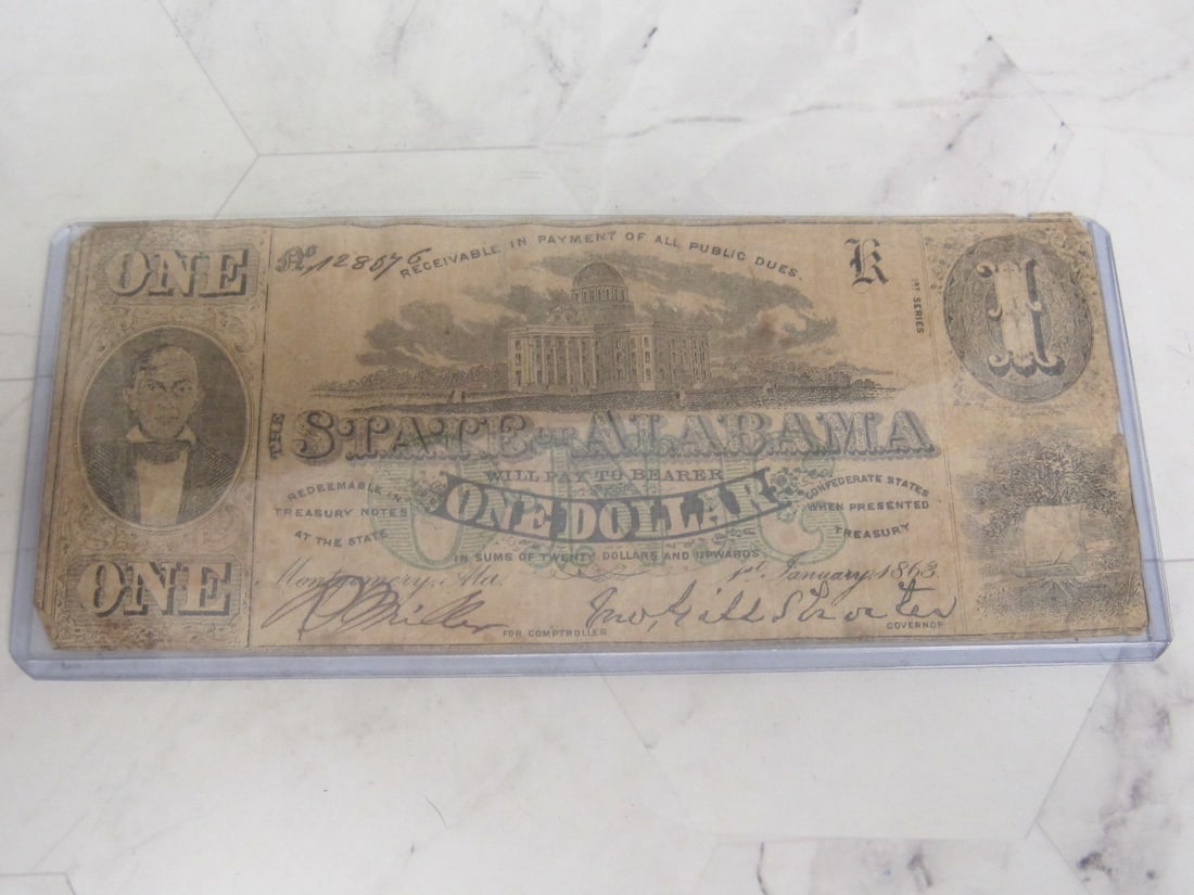 1863 $1 Alabama Confederate States Note (1 of 4)