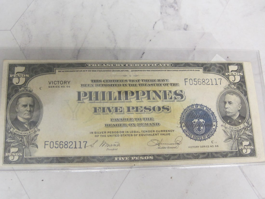 1940's Philippines 5 Peso Victory Note- Blue Seal (1 of 4)