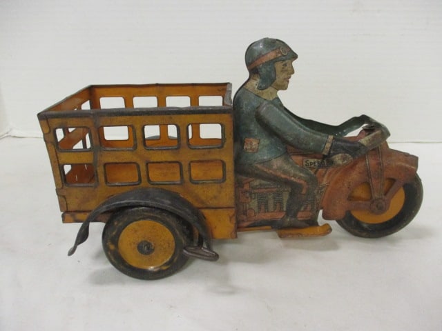 Vintage Marx "Speed Boy4 Delivery" Orange Tin Litho Wind-Up Motorcycle (1 of 7)