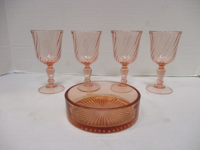 Roseline Pink Optic Goblets (4) & Pink Depression Glass Dish: .