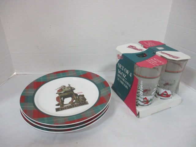 Bali 16 oz Christmas Tumblers & 3 Norman Rockwell 10 1/2" Plates: .