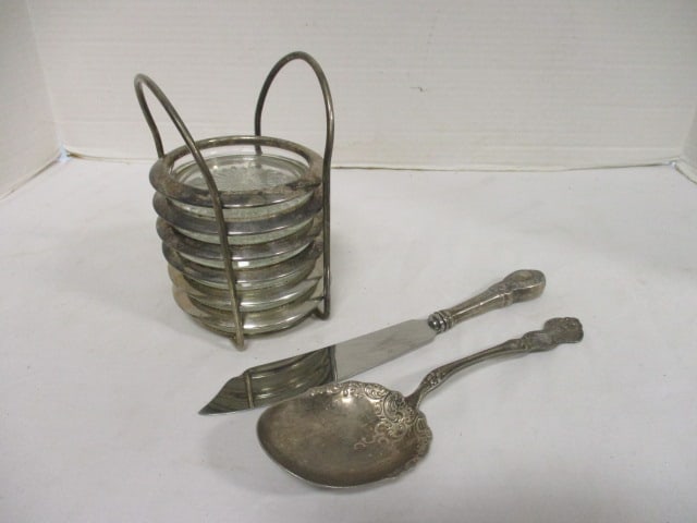 Silverplate Coaster Set & Simeon & George Rogers Spoon/Knife Set: .