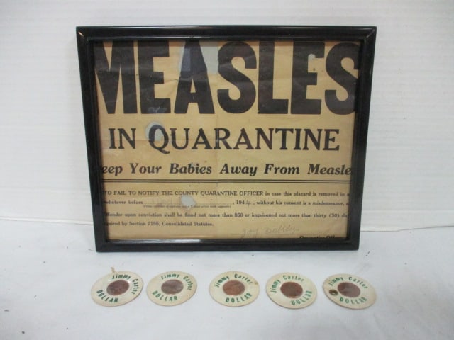 Measles in Quarantine Framed Sign 1944 & Jimmy Carter 'Pennies' (1 of 6)