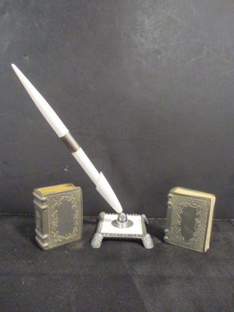 Two Finstain Pewter Matchbox Covers and Silver Tone Desk Pen Set: .