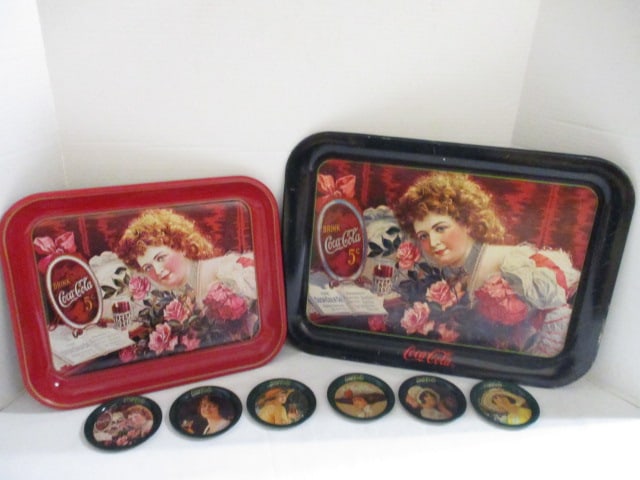 Coca-Cola Victorian/Flapper Girl Coaster Set and Two Metal Serving Trays: some scuffs and dings-see pictures and preview