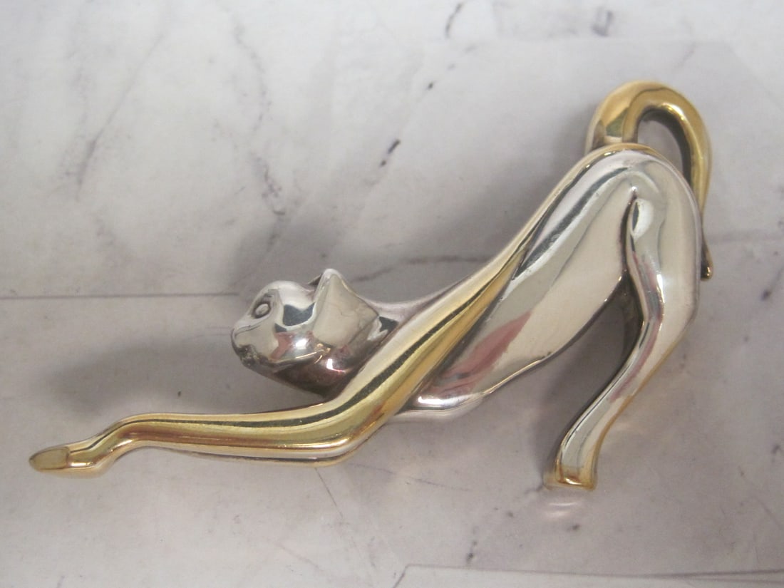 Sterling Silver Figural Cat Brooch with Gold Trim (1 of 5)