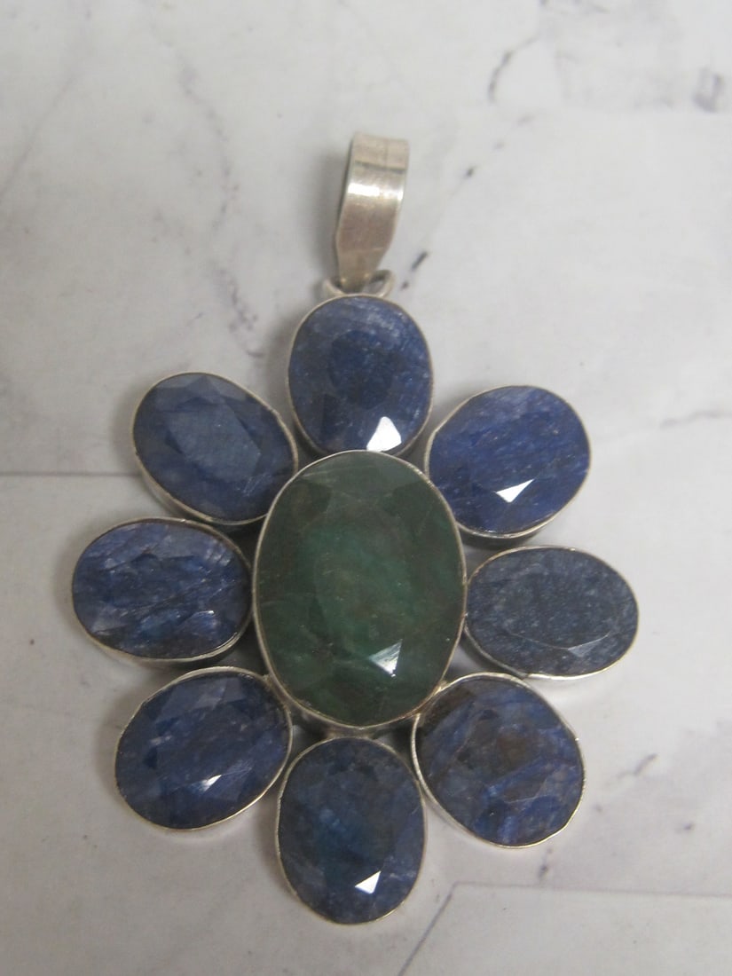 100 Ct tw African Sapphire and Emerald Sterling Silver Pendant: Weighs 32 grams