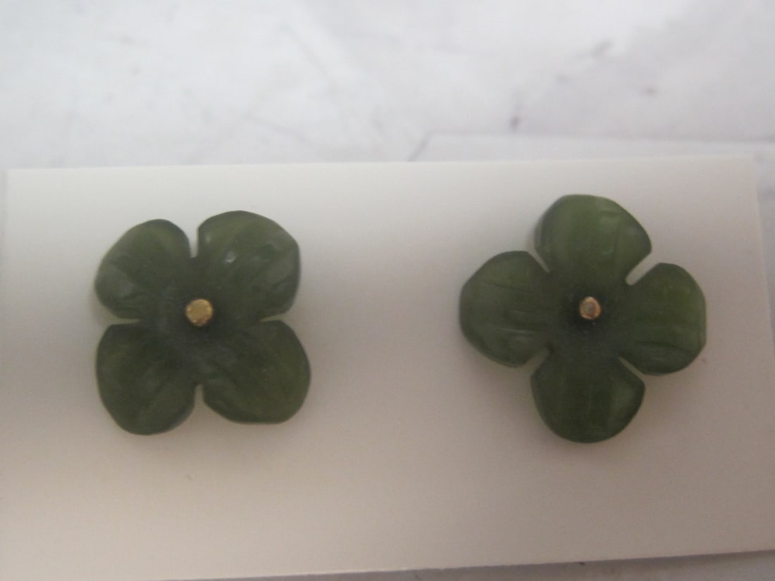 Gold on Sterling Silver Carved Jade Flower Pierced Earrings: .