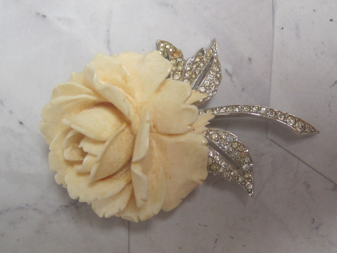Boucher Carved pre-Ban Ivory and Rhinestone Brooch (1 of 5)