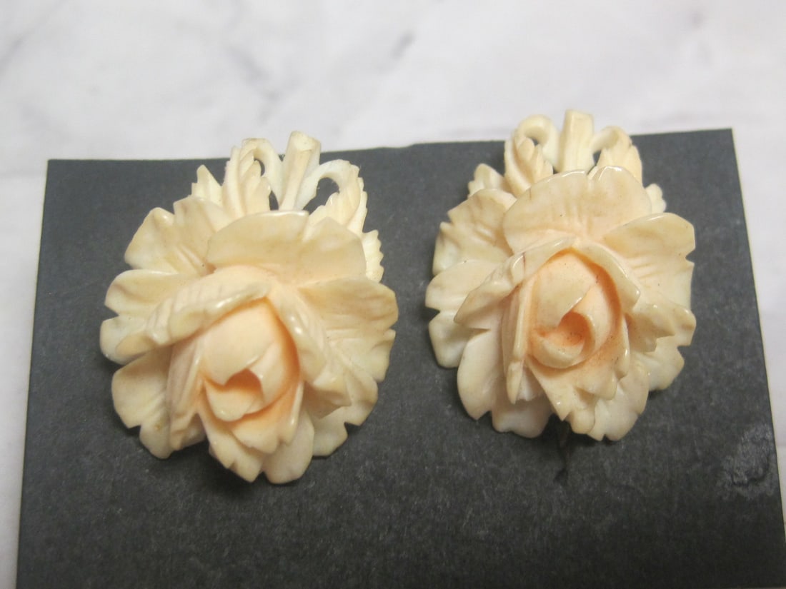 Carved Pre-Ban Ivory Rose Screw Back Earrings (1 of 5)