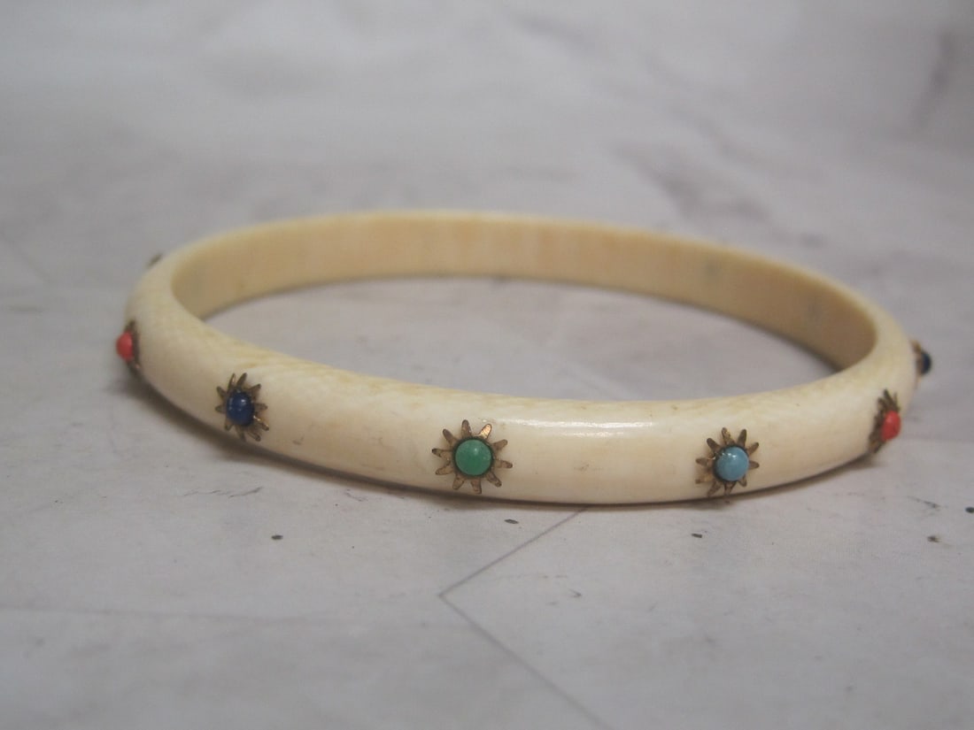 Circa 1900 Pre-Ban Ivory Bangle Bracelet with Inset Stones (1 of 6)