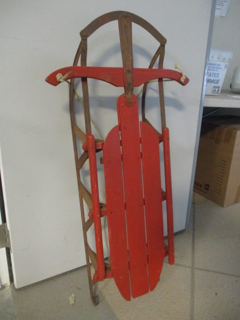 Vintage Painted Red Wood Sled with Metal Rails (1 of 7)
