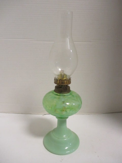 Unmarked Fenton Green Fern & Daisy Oil Font Lantern with Jadeite Post: 14 1/4"h, marked Made in USA on wick knob