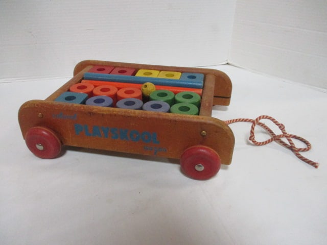 Old Playskool "Colorol Wagon" Wooden Pull Toy with Colorful Blocks: 12 3/4" x 10 1/2" x 3 1/2", played/loved condition