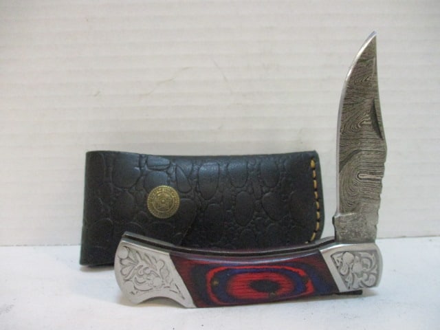MHS Hand Forged Damascus Steel Pocket Knife with Leather Sheath: 7" long overall