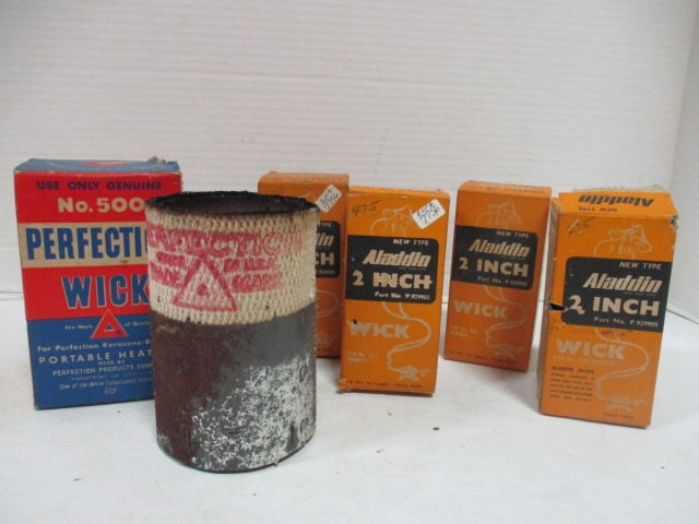 Old Stock Heater and Oil Lamp Wicks: (4)Aladdin 2" Wick Part No. P.929905 for oil lamps, (2)Perfection No. 500 Heater Wicks