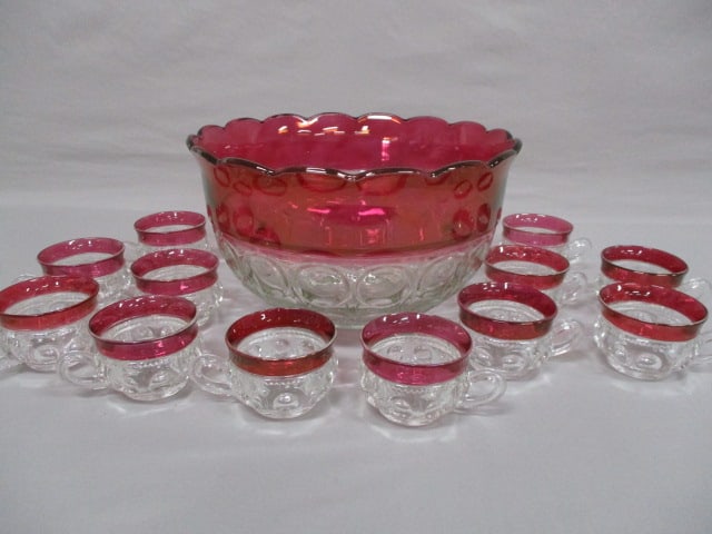 Vintage Ruby Red Thumbprint Punch Bowl & 12 Cups (1 of 9)