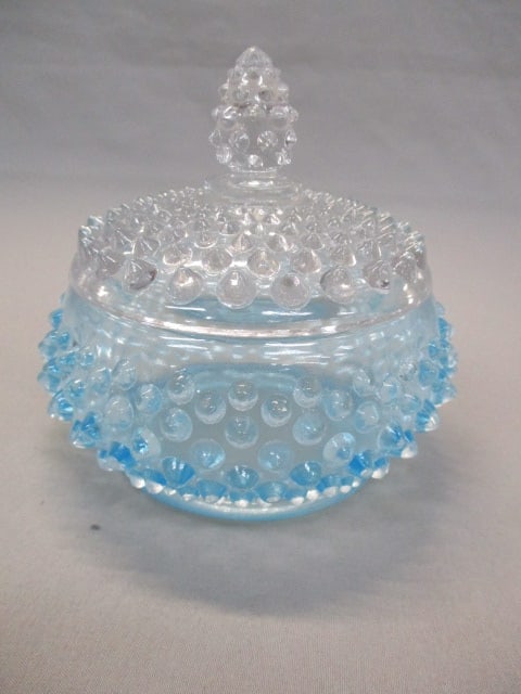 Fenton Blue Opalescent Hobnail Powder Box w/Clear Lid (1 of 5)