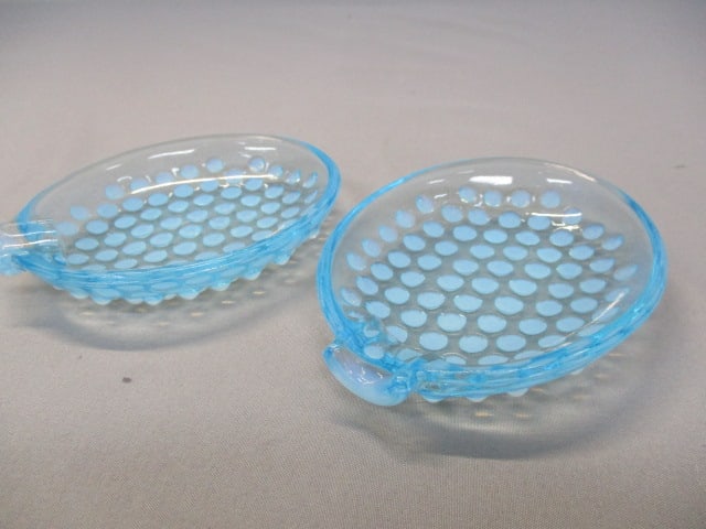 2 Vintage Fenton Blue Opalescent Hobnail Ashtrays 4": .