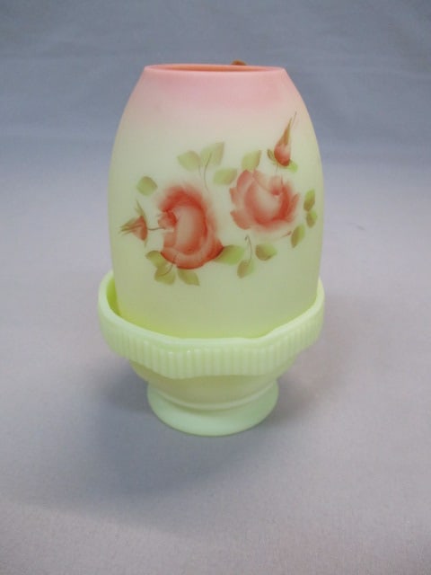 Fenton Burmese Uranium Glass 2pc Satin Rose Fairy Lamp (1 of 7)