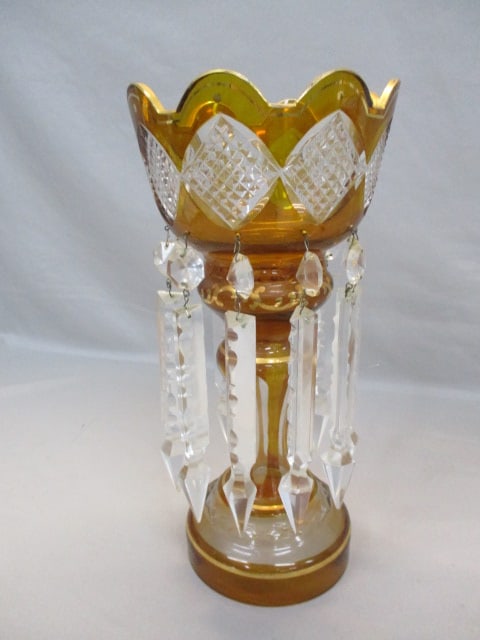 Vintage Bohemian Amber Cut To Clear Glass Mantel Luster w/Hanging Prisms: 6" x 13"