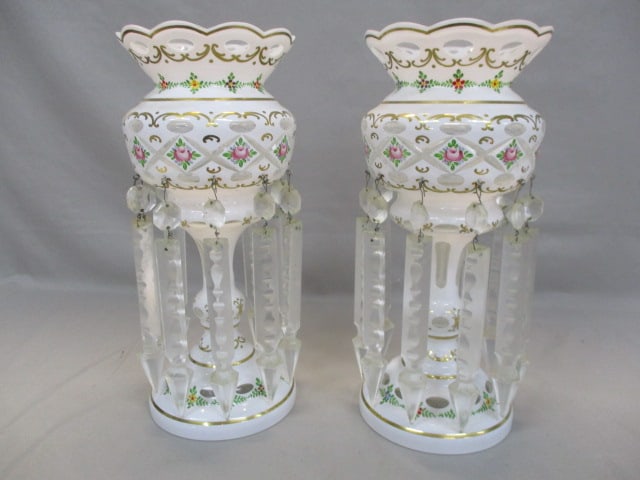 2 Vintage Bohemian Czech White Overlay Cut To Clear Mantle Lusters: With Prisms 5.5" x 12.5"