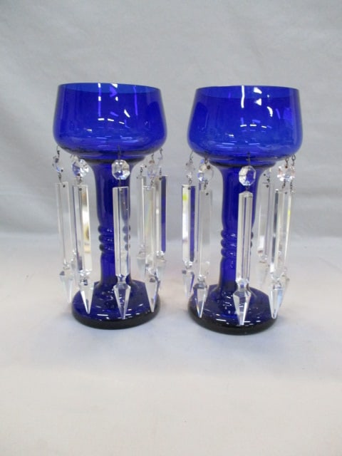 Pair of 1920/30's Cobalt Mantle Lusters w/Prisms: 4.5" x 10.5"