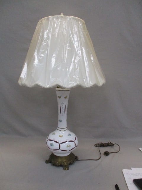Vintage Bohemian Czech White Overlay Cut to Cranberry Table Lamp (1 of 5)