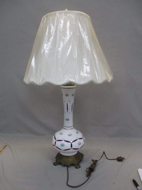 Vintage Bohemian Czech White Overlay Cut to Cranberry Table Lamp (1 of 4)