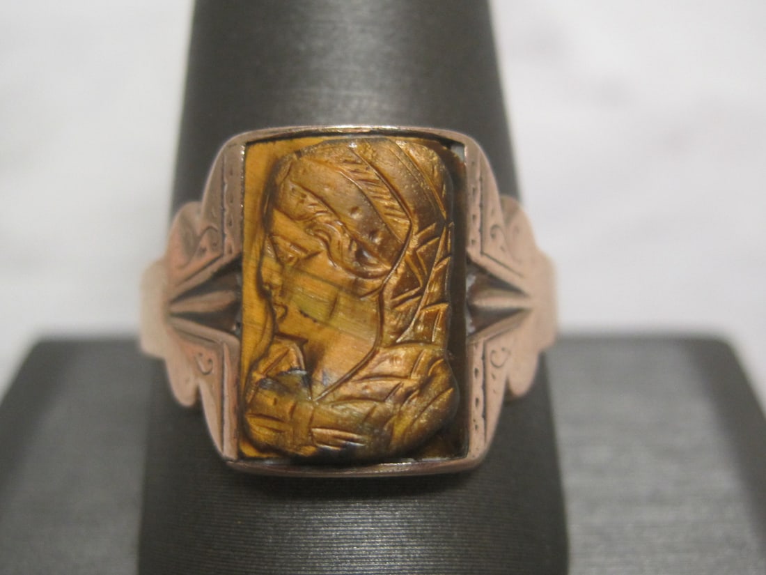 Men's Antique 10k Gold Carved Tiger's Eye Ring (1 of 4)