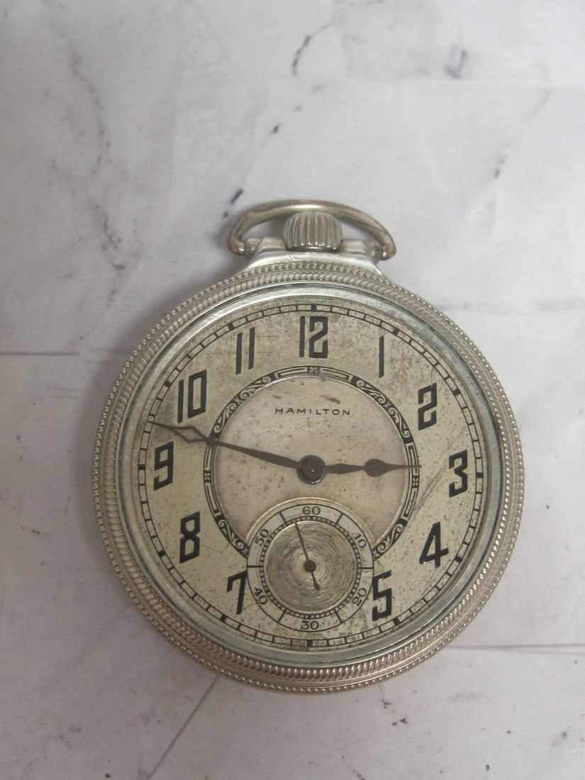 Hamilton 10k White Gold Filled Pocketwatch: Open Face, 17 Jewels, 1929, Model 974, Only One of 1000 made, Working- Missing Crystal over face