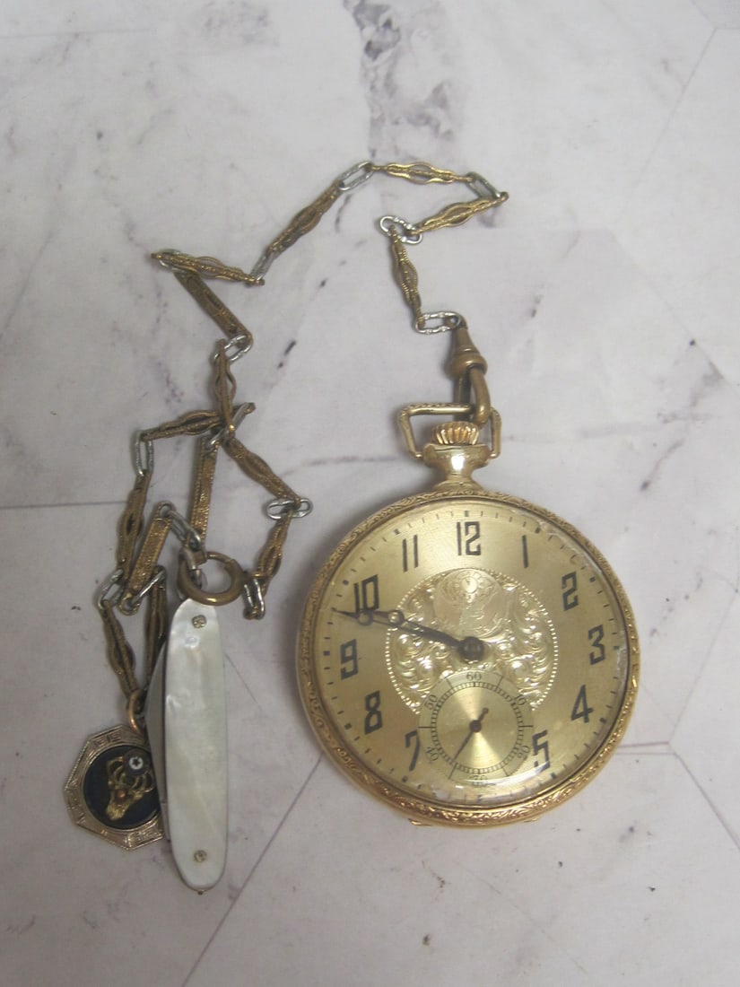 Antique Pocketwatch with Special Elk Engraving with chain, knife and Elks Fob Charm (1 of 8)