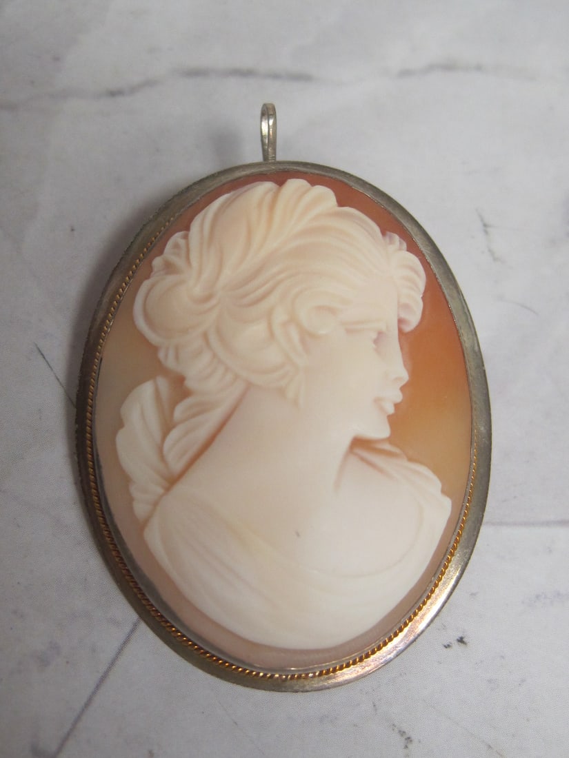 Italian Silver Cameo Pin or Pendant: Portrait of young woman