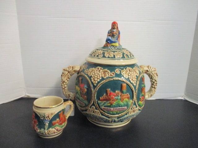 Vintage German Stoneware Soup Tureen and Cup - Marked "2834": 3 1/2" and 12 1/2"-chip on lid