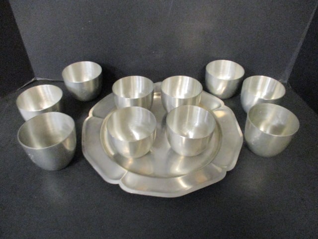 10 Steiff Pewter Authentic Reproduction "Jefferson Cups" and International: Pewter Tray, tray-11 3/4", (10) 2 5/8" cups - 5 have "J" etched monogram