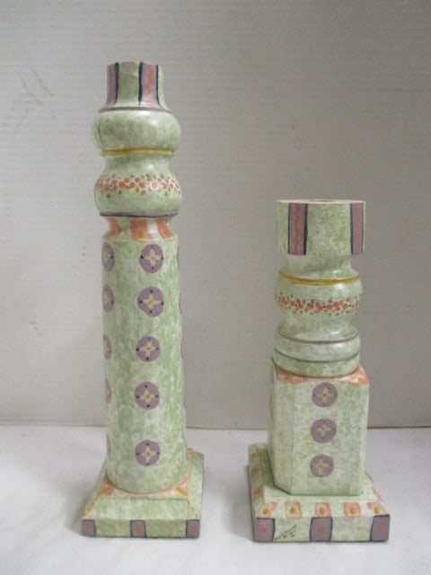 2 Handpainted Wood Candle Holders - Signed and Dated: 10 1/4" and 14"