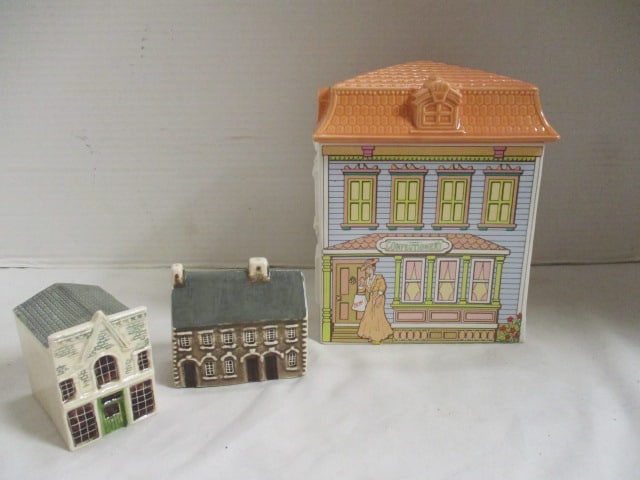 Ceramic House Cookie Jar and 2 Small Ceramic House Figurines: 7" and (2) 3"