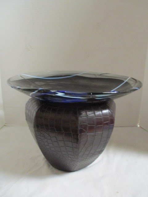 Large Handblown Glass Centerpiece Platter on Faux Leather Stand (1 of 9)