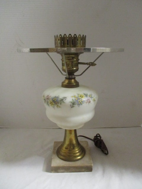Vintage Electric Handpainted Milk Glass Hurricane Lamp with Marble Base: 14 1/2", no hurricane or shade